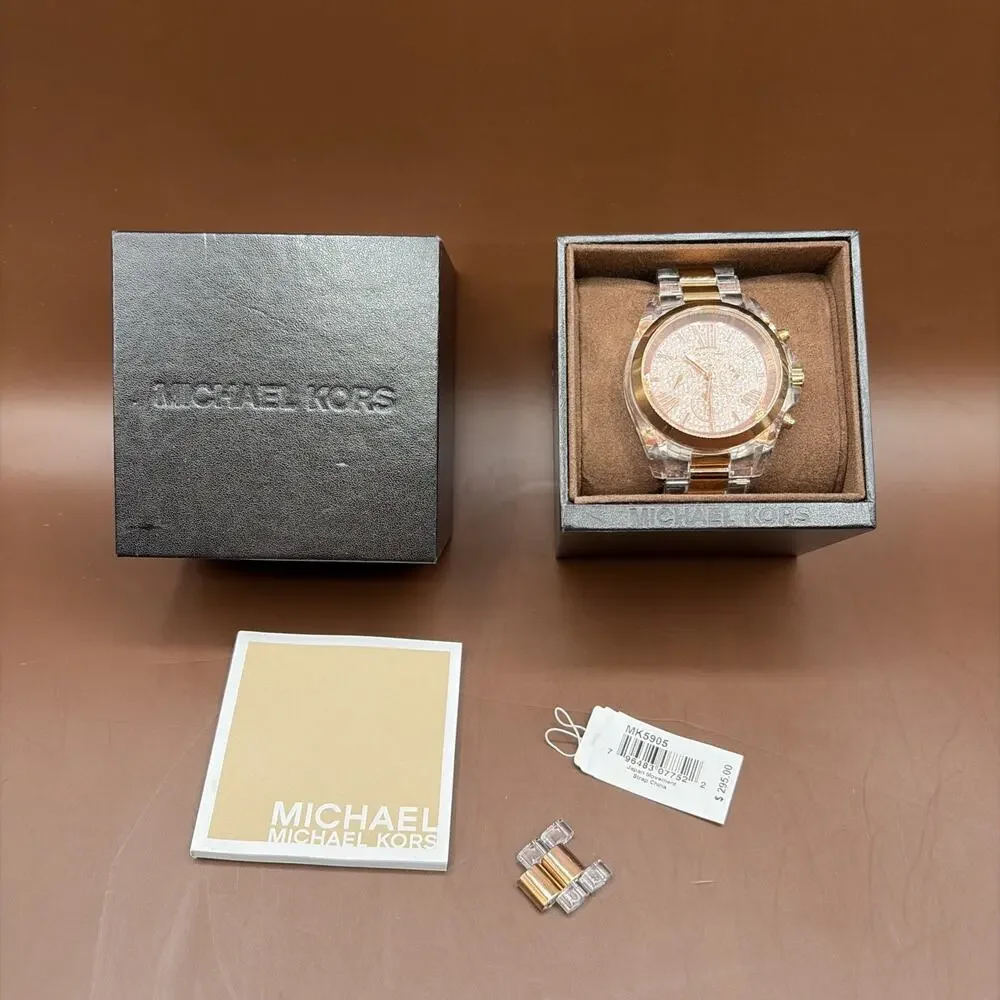 Michael Kors Chronograph Bradshaw Clear Acrylic Bracelet Rose Gold Watch MK5905